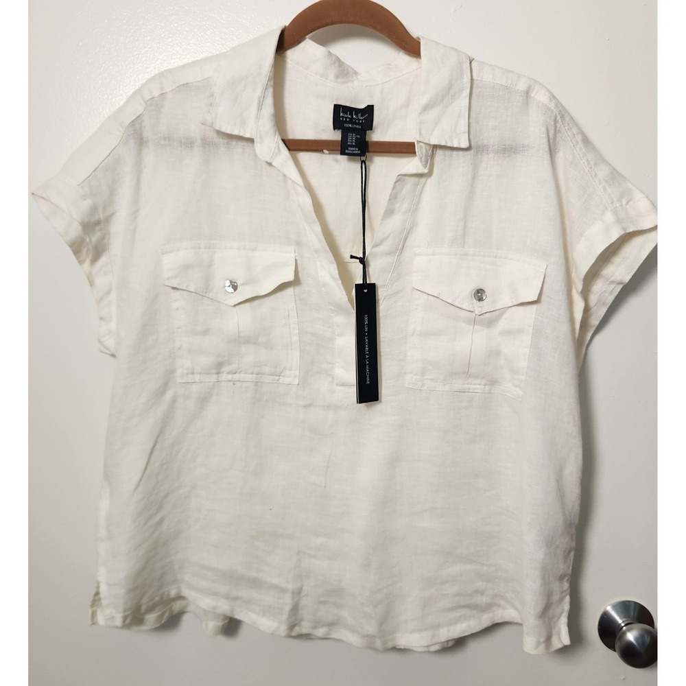 NWT Nicole‎ Miller 100% Linen White Camp Shirt XL V-Neck Short Sleeves Summer